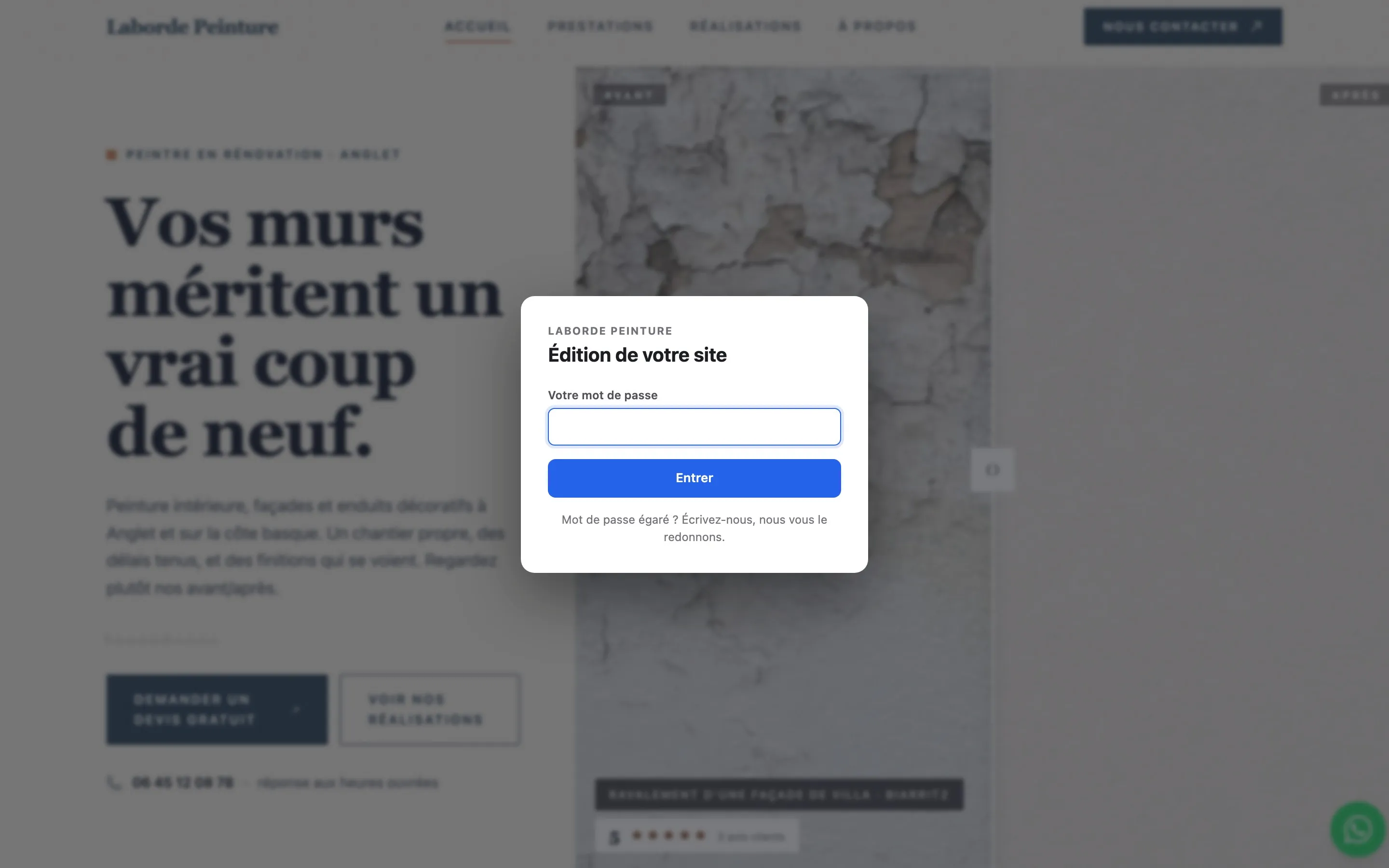La porte de l’interface : « Édition de votre site », un champ de mot de passe et un bouton Entrer