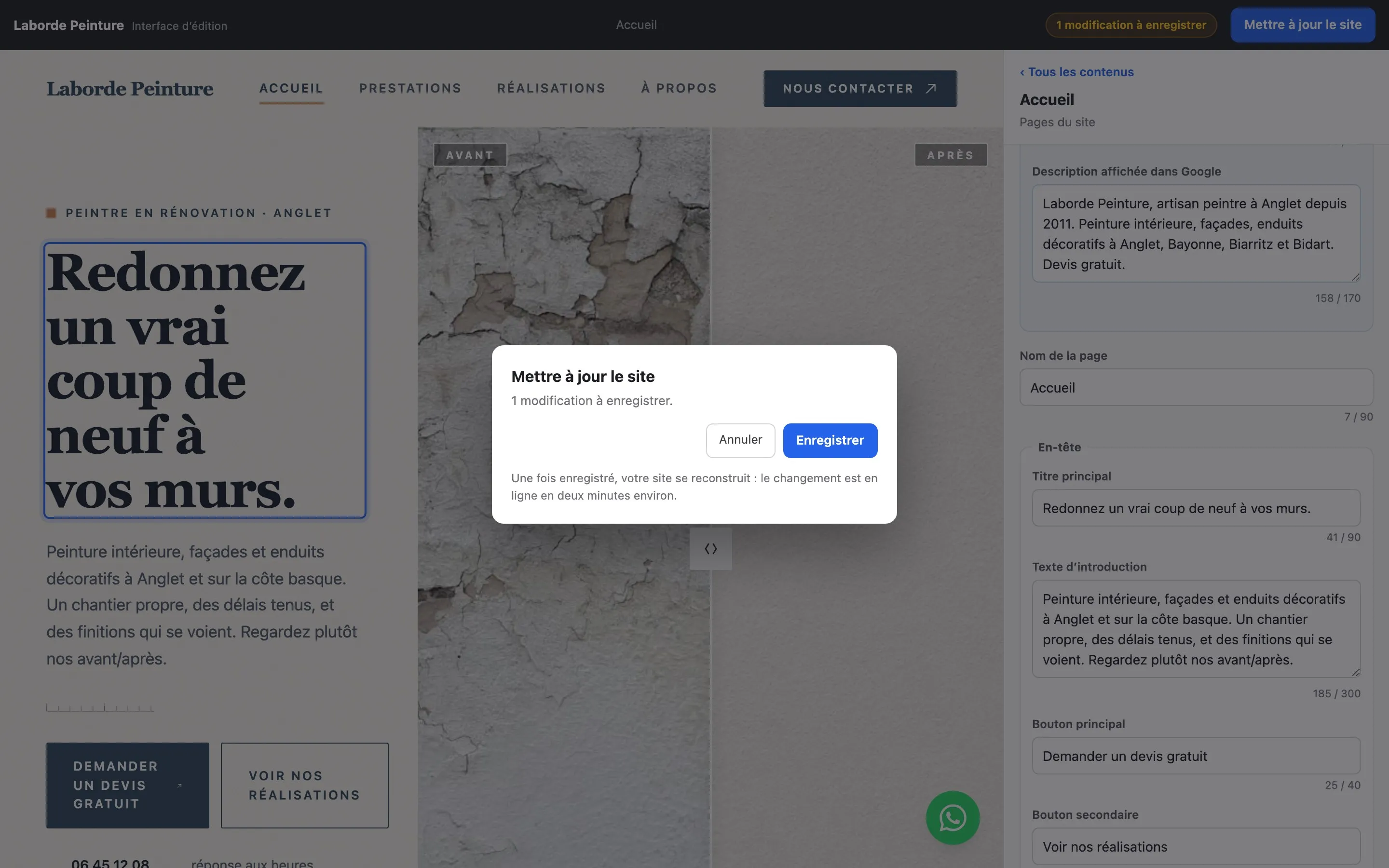 Le dialogue « Mettre à jour le site » : une fois enregistré, votre site se reconstruit, le changement est en ligne en deux minutes environ